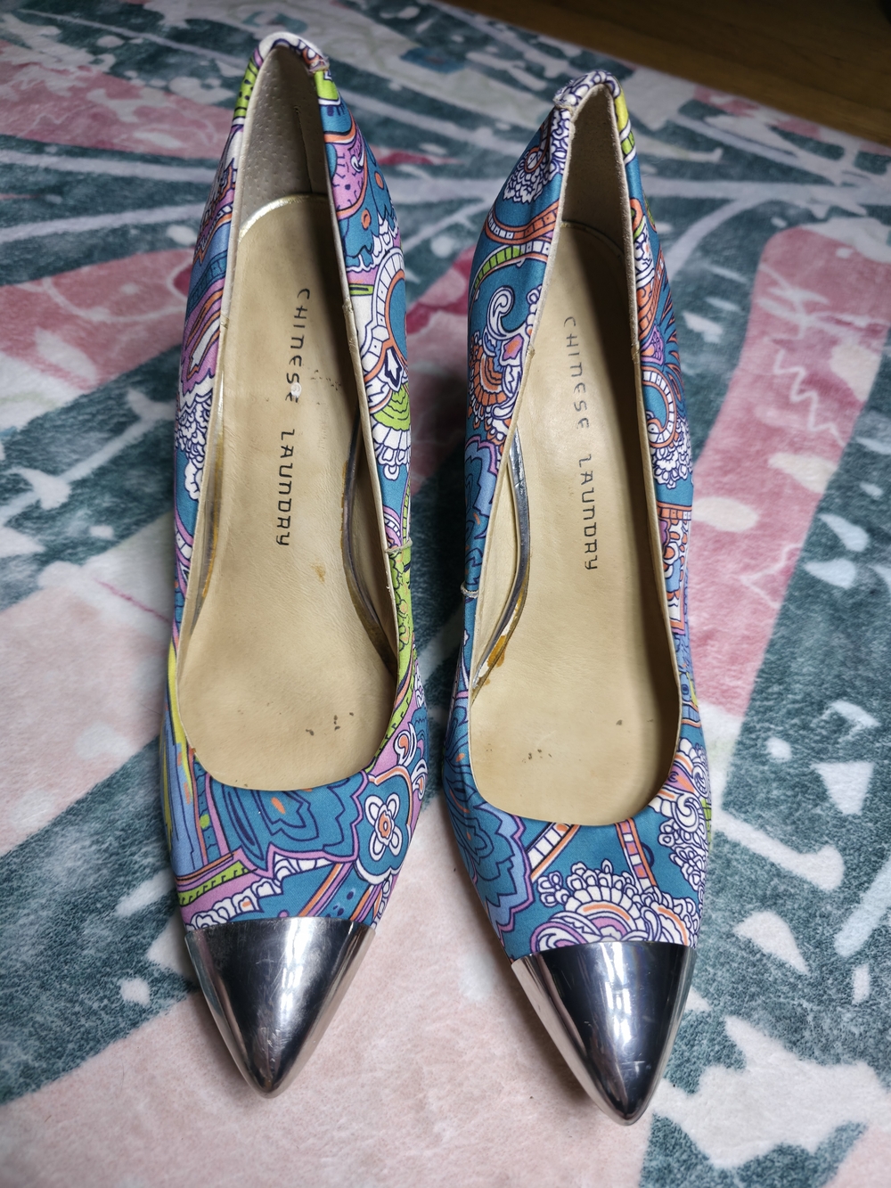 Chinese Laundry Blue Multi Paisley Pointed Toe Pumps with Silver Cap